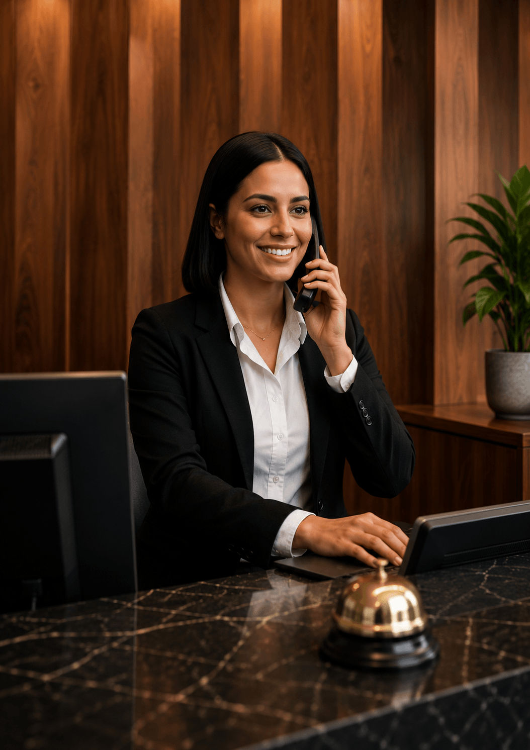 Recepcionista profissional atendendo em ambiente corporativo